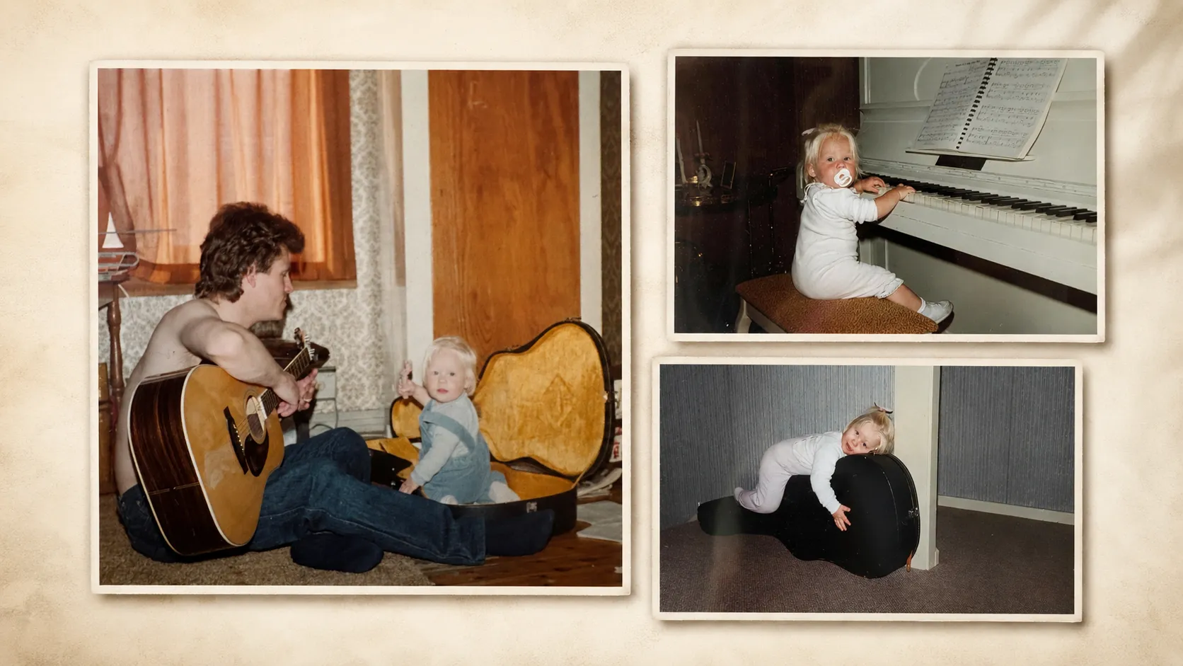 Childhood collage of Carina: with her father and his guitars, and at the family piano
