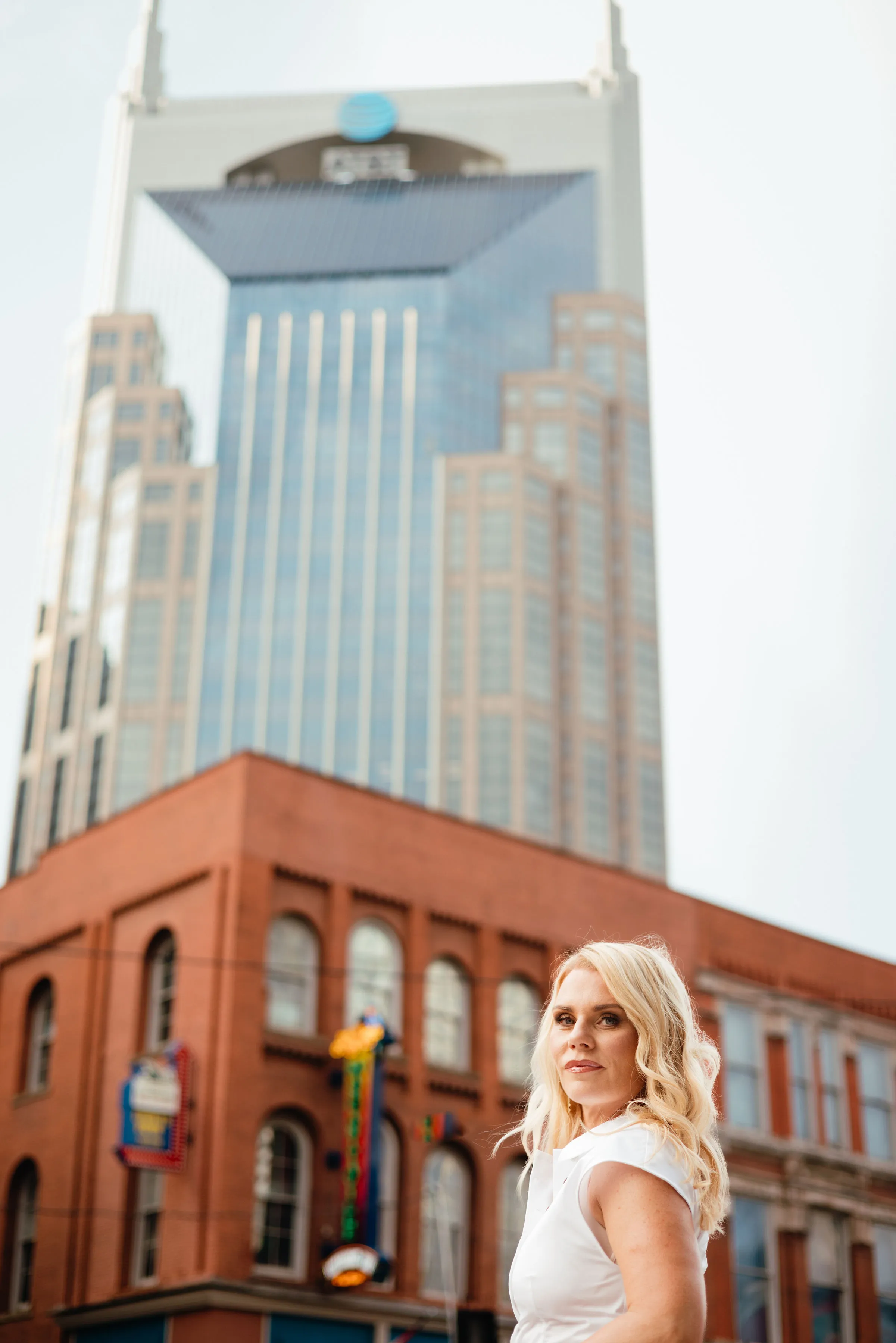 Carina Dahlmann in front of the Batman Building in downtown Nashville